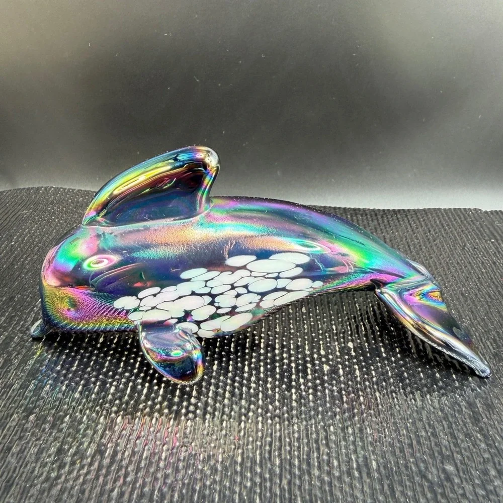 Pele of Hawaii Glass Iridescent Dolphin Figurine Carnival Glass White Spotted